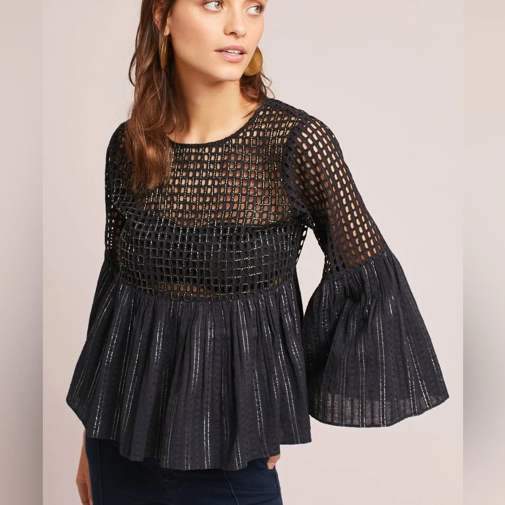 Anthropologie Maeve‎ Black Alameda Bell Sleeve Beaded 100% Cotton Blouse